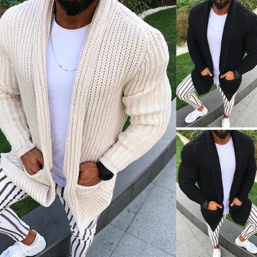Thick Men's Wool Cardigan Autumn Winter Fashion Long Sweaters Knitted Cotton Casual Male Jackets With Pocket
