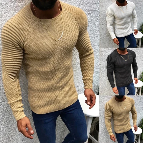 Men Fashion Knitted Pullover Male Solid Color O-neck Striped Long Sleeve Sweater Spring Winter Slim Fit Casual Sweater