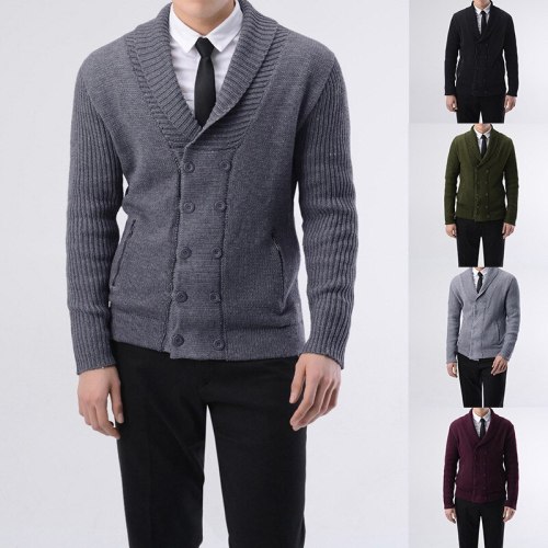 2021 Men's Business Cardigan Sweater Youth Lapels Double Breasted Outerwear Sweater