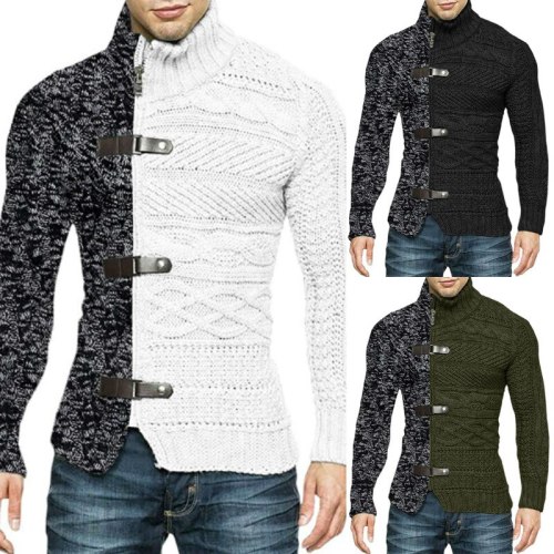 2021 Autumn And Winter Fashion Turtleneck Sweater Men Stitching Leather Buckle Long-sleeved Knitted Cardigan Casual Long-sleeved