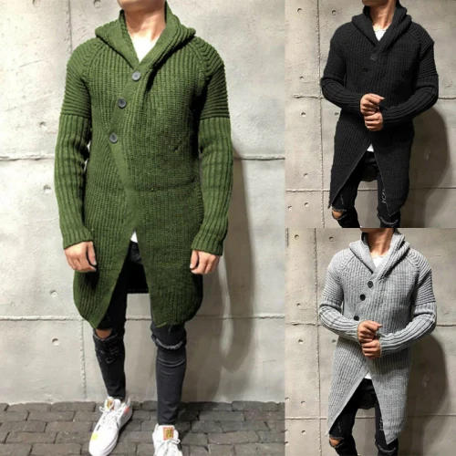 Men's Wool Cardigan Spring Autumn Solid Hoodie Fashion Long Sweaters Knitted Cotton Casual Male Jackets