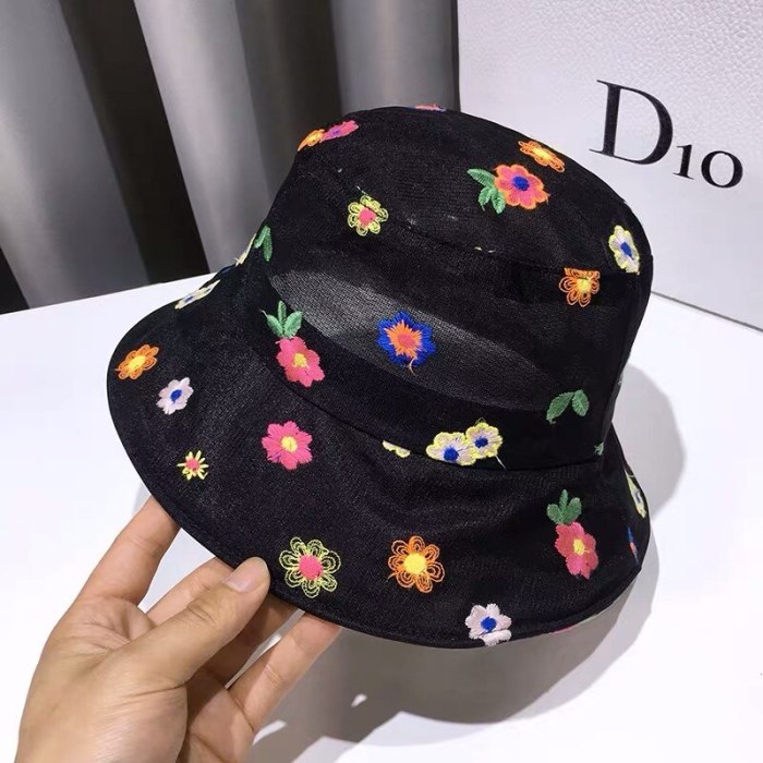 Organza embroidered flowers  Summer women  Bucket Hat Solid Color Wide Brim Beach UV Protection Round Top Sunscreen sun hat Cap