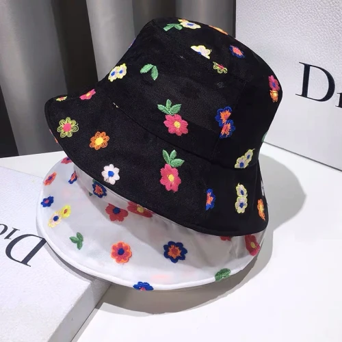 Organza embroidered flowers  Summer women  Bucket Hat Solid Color Wide Brim Beach UV Protection Round Top Sunscreen sun hat Cap