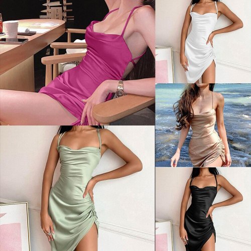 Sexy Slim Asymmetrical Dresses For Women 2021 Slash Neck Straps Summer Dress Shirring Mini Robe Femme With Backless Vestidos