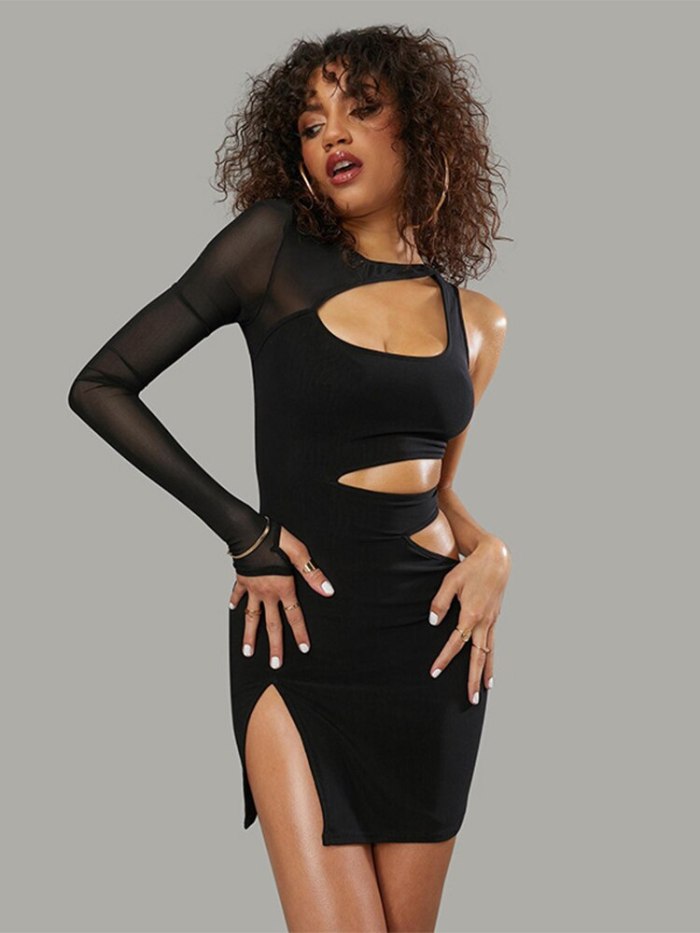 Mini dress for women summer hollow out one shoulder long sleeve black sexy side split bodycon dress streetwear