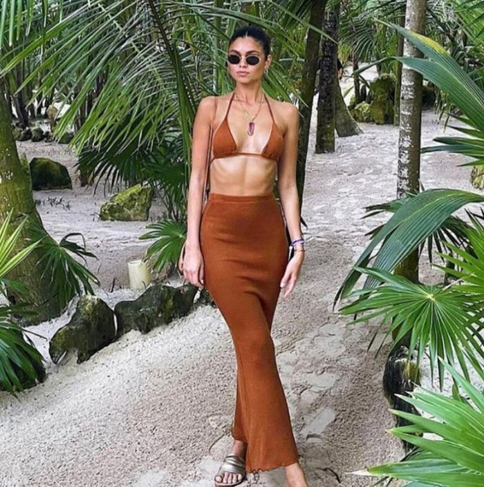 Women Beach Outlet Dress Tunic Cover Up 2021 New Two Piece Bikini +Maxi Skirt Polyester Swimsuit For Summer