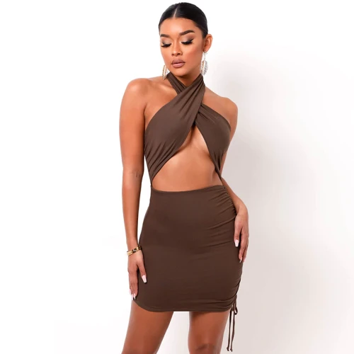 Fashion Criss Halter Cut-Out Bandage Sexy Mini Dress Bodycon Sleeveless Summer Bodycon Dresses Ruched Club Party
