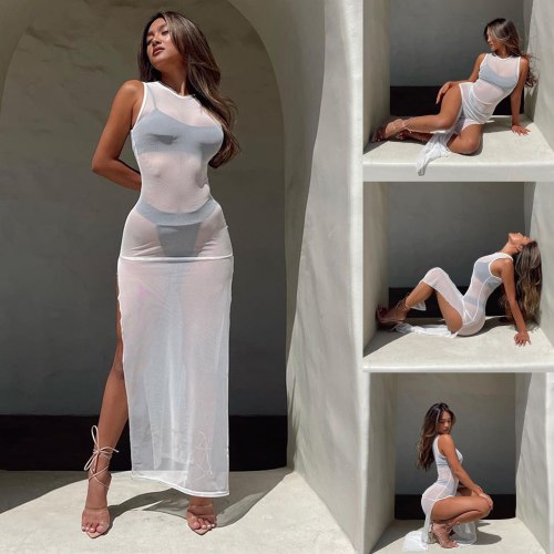 Women Sexy See-through Slit Bikini Beach Cover Up Swimsuit White Sleeveless Round Collar Long Maxi Split Dresses Mujer Beachwear