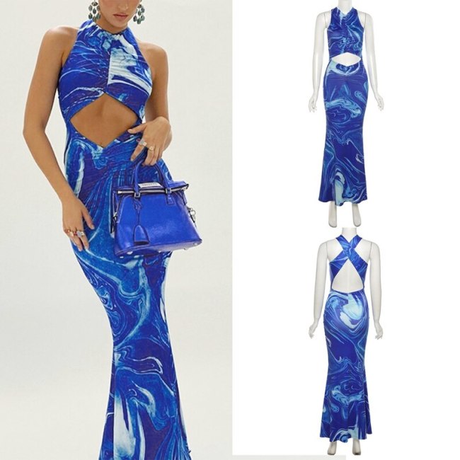 Y2K Sexy Beach Bodycon Dress Women Hollow Out Off Shoulder Backless Print Tie Dye Maxi Dresses Summer