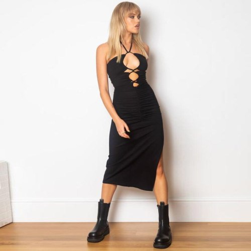 2021 sleeveless halter pleat slit backless bandage solid bow sexy dress summer women streetwear party club clothing Y2k