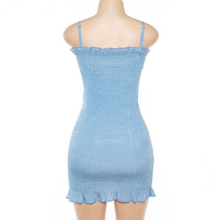 2021 Solid Bodycon Dress Women Blue Y2K Summer Ruffles Out Sexy Sleeveless Spaghetti Strap Beach Midi Dresses Party