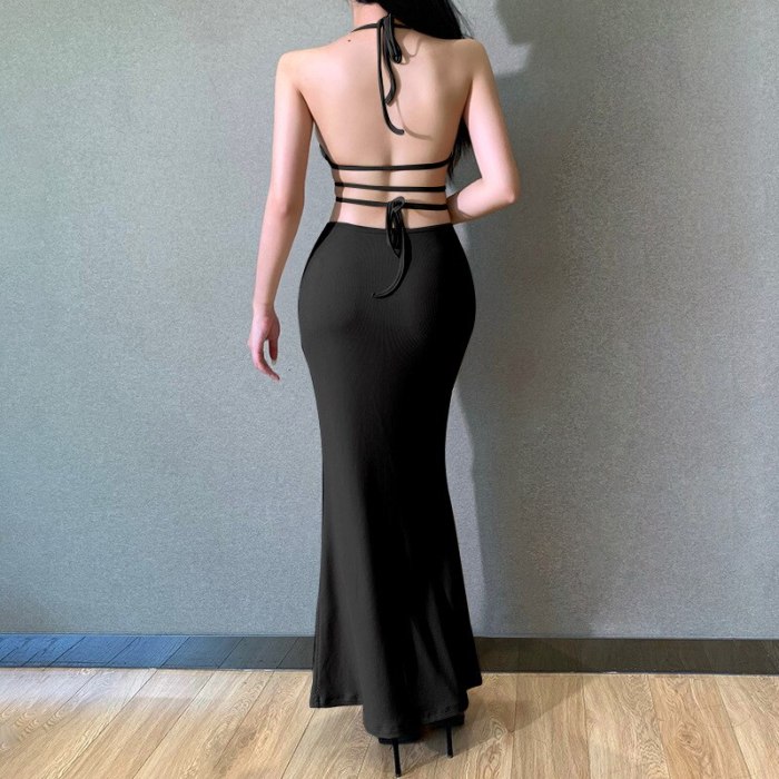 Women Deep V-neck Bikini Maxi Dress 2021 Summer Sexy Metal Ring Cut Out Lace-up Halter Rib Knitted Backless Long Bodycon Dress