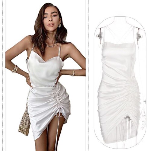 Fashion Women's Dress Summer Casual Hot Sale V-neck Pullover Solid Color Sexy Halter Strap Pleated Dress Mini Dress