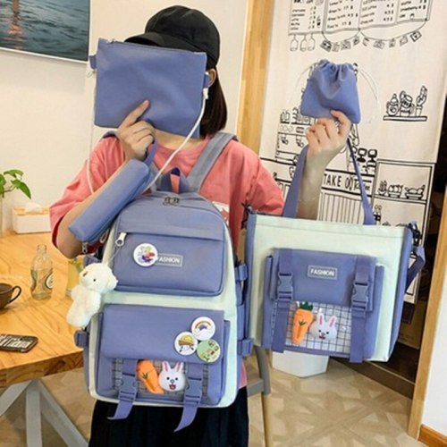 Korean version Kawaii Canvas Patchwork Schoolbag 5Pcs Set Harajuku Large Capacity Laptop Backpacks Oxford Cloth Crossbody