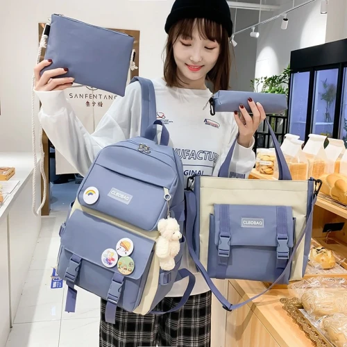 4 Pcs Set Harajuku Women Laptop Backpack Canvas School Bags For Teenage Girls Kawaii College Student Kids Book Bag Rucksack 2021