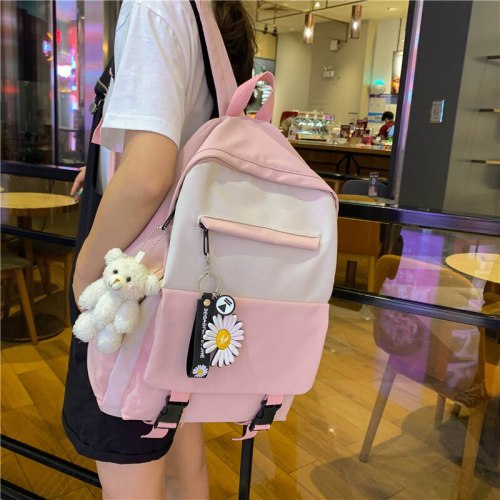 Korean Version of The Contrast Color Nylon Backpack Fashion Small Daisy Pendant School Bag Elegant Travel Waterproof Backpack