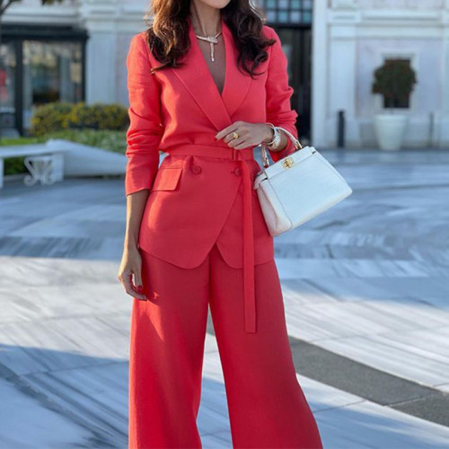 Spring Autumn Women Solid Long Sleeve Blazer Casual Pants Office Lady Elegant Lace-up Red Jumpsuit OL Business Outfits