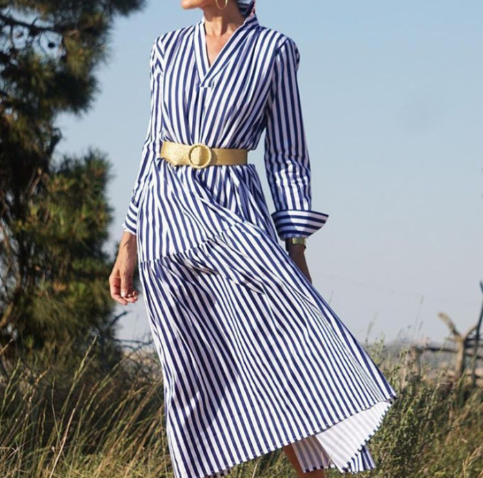 2021 Women Casual Blue Striped Sashes Dress Lady Long Sleeve Turn-Down Collar A-line Dress Vintage Elegant Autumn Women Dresses
