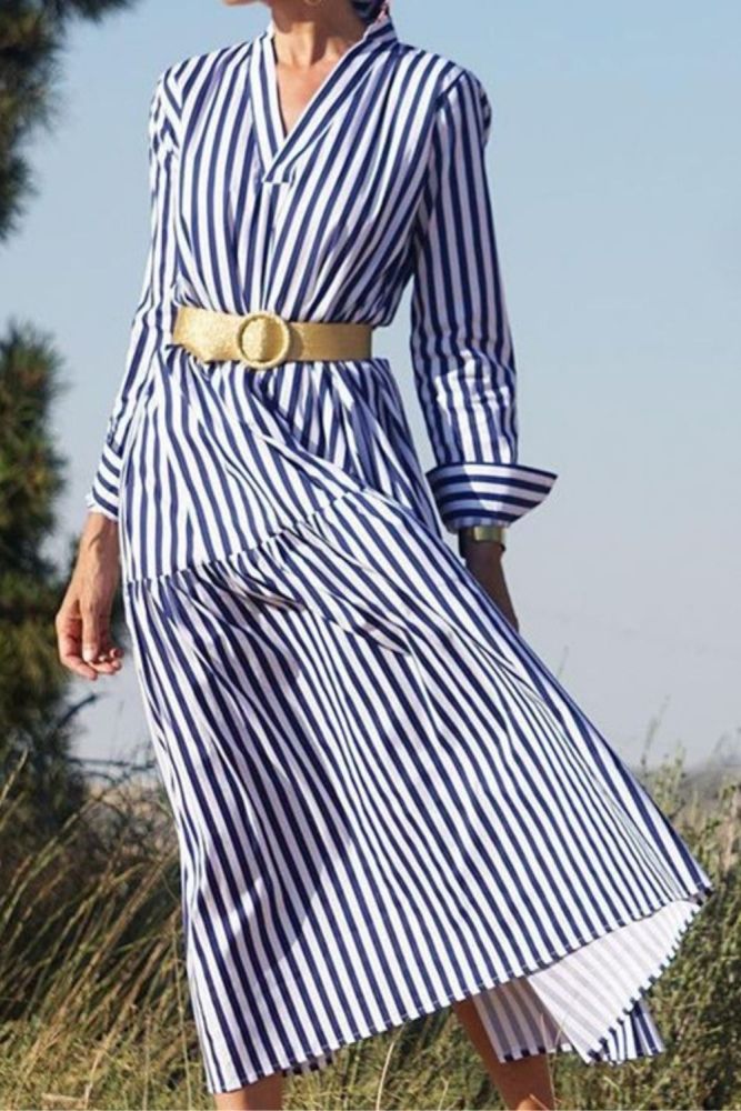 2021 Women Casual Blue Striped Sashes Dress Lady Long Sleeve Turn-Down Collar A-line Dress Vintage Elegant Autumn Women Dresses