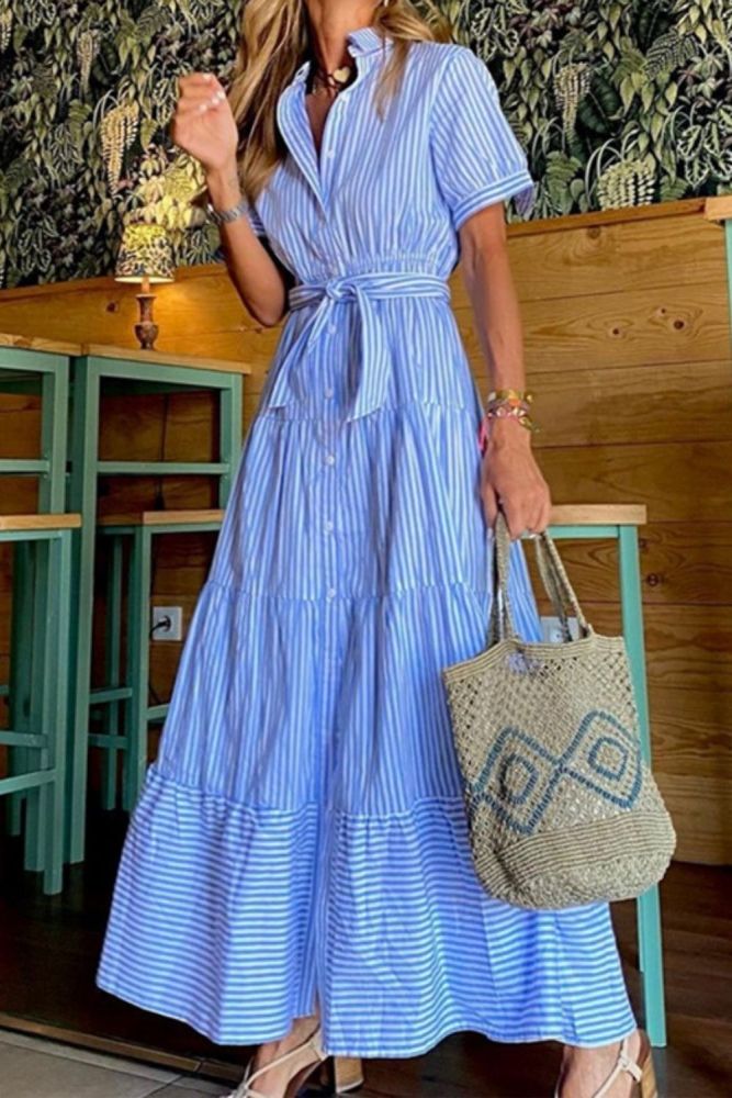 2021 New Short sleeve maxi dresses vacation office lady strip dresses