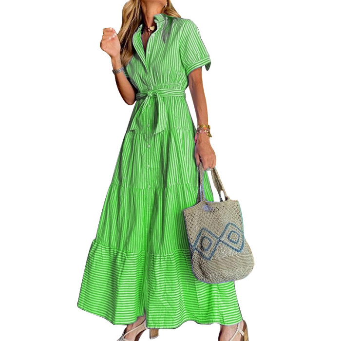 2021 New Short sleeve maxi dresses vacation office lady strip dresses