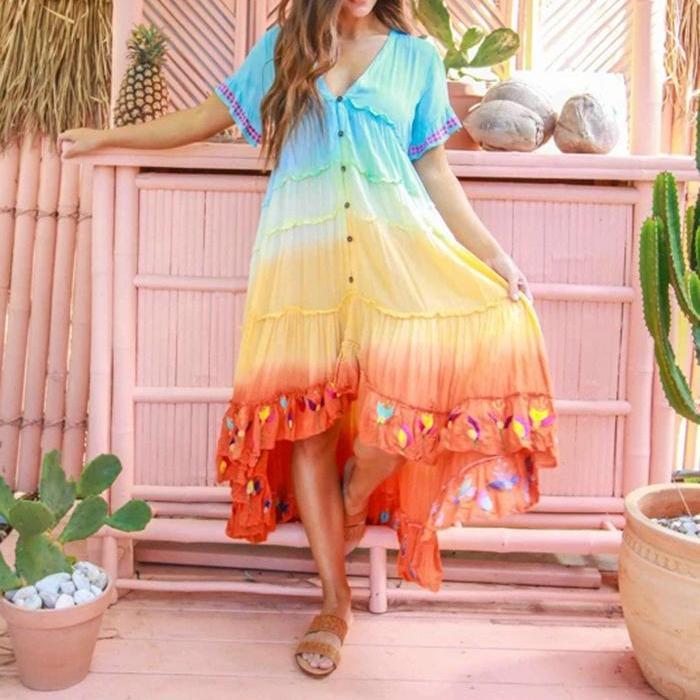 Elagant Party Maxi Long Dress Women Printed Large Hem Midi Casual Embroidery Gradient Boho Bridesmaids Robe