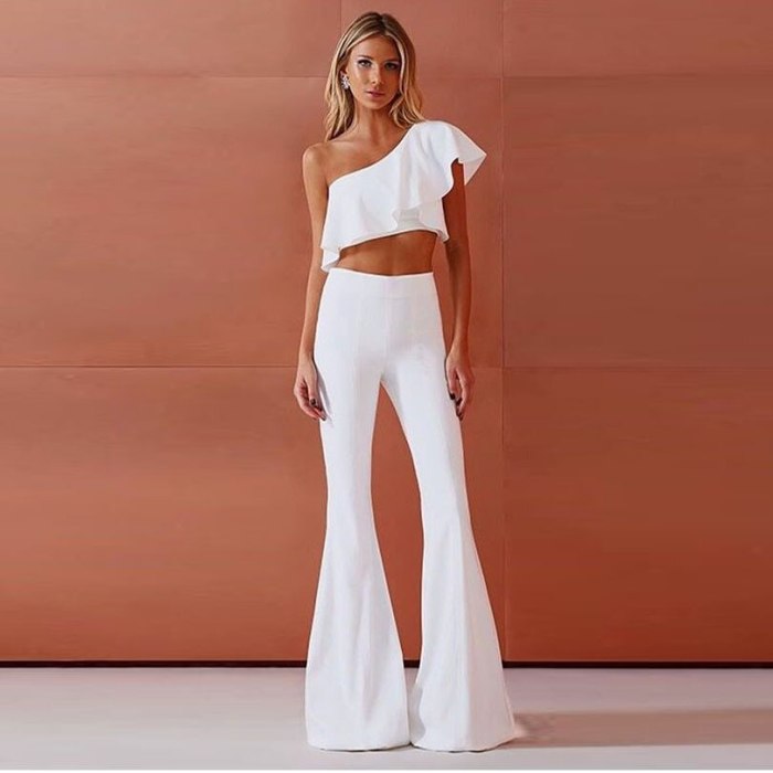 Two Piece Set Women Short Tops and High Waist Pants Female Short Sleeve Pullover Casual Flare Trousers White Pant Set