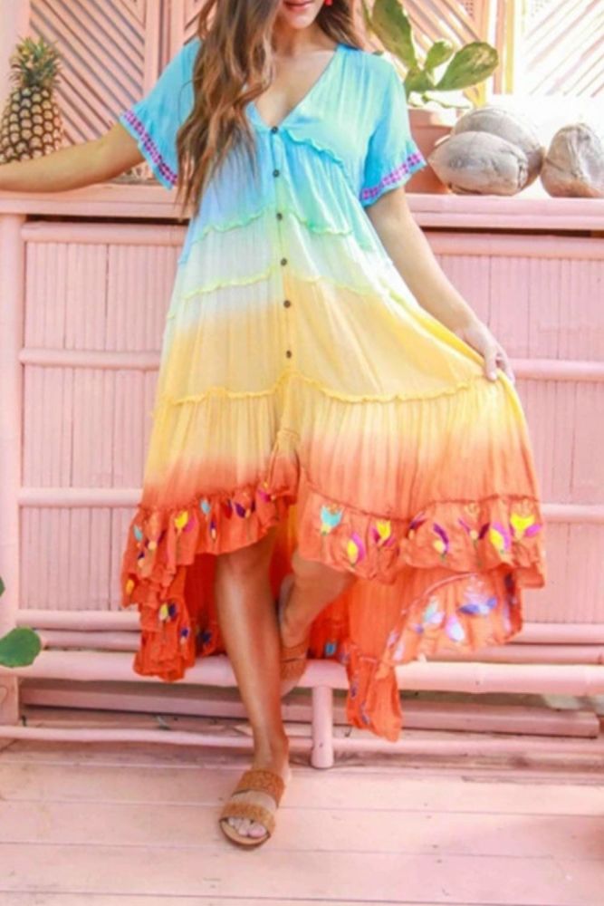 Elagant Party Maxi Long Dress Women Printed Large Hem Midi Casual Embroidery Gradient Boho Bridesmaids Robe