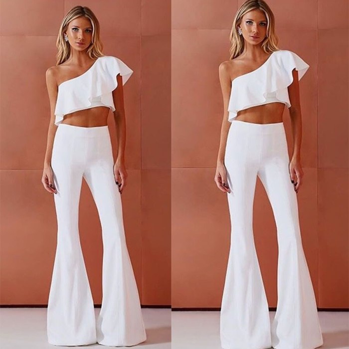 Two Piece Set Women Short Tops and High Waist Pants Female Short Sleeve Pullover Casual Flare Trousers White Pant Set