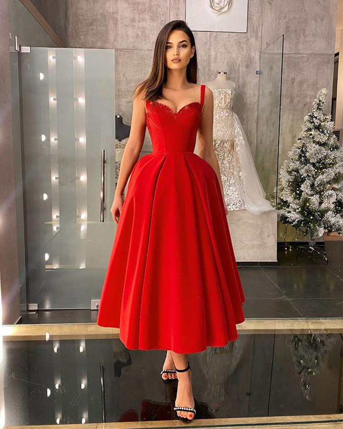 New arrival Spaghetti Evening Dresse Formal vestido noiva sereia red satin prom party robe de soiree A-line sweetheart cheap
