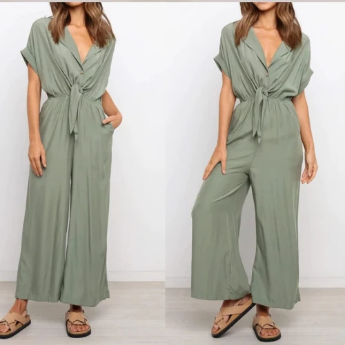 Women Casual High Waist Solid Short Sleeve Lace Up V Neck Jumpsuits Fashion Pocket Pants Loose Romper Overalls