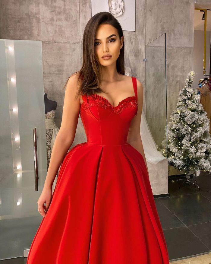 New arrival Spaghetti Evening Dresse Formal vestido noiva sereia red satin prom party robe de soiree A-line sweetheart cheap