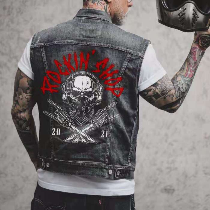 2021 Mens Punk Denim Vests Black Skull Letter Print Denim Waistcoat Slim Fit Fashion Jeans Sleeveless Jacket Male Short Vest Top