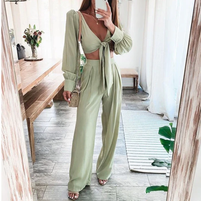 2021 Women Fashion Elegant Sexy V Neck Long Sleeve Lace Up Top & High Waist Pants Set Solid Slim Loose Two Piece Outfits