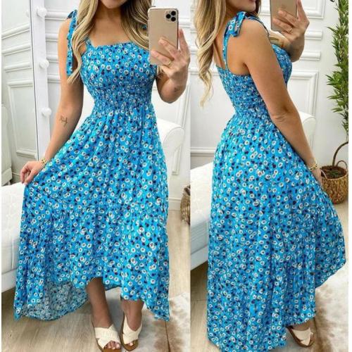 2021 Summer Beach Style Women Dress Elegant Sexy Print Spaghetti Straps Ruffles Maxi Dress