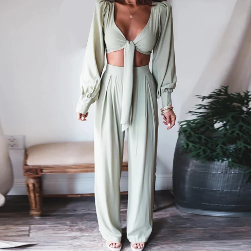 2021 Women Fashion Elegant Sexy V Neck Long Sleeve Lace Up Top & High Waist Pants Set Solid Slim Loose Two Piece Outfits