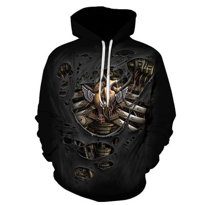 New 3D Skull Pattern Men's Hoodies Horror Theme Metal Rib Print Sweatshirt Hoodie