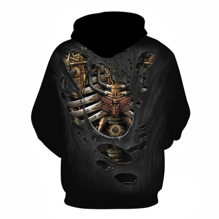 New 3D Skull Pattern Men's Hoodies Horror Theme Metal Rib Print Sweatshirt Hoodie