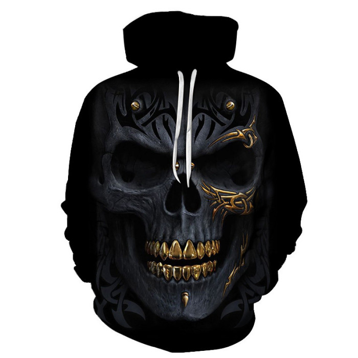 New 3D Skull Pattern Men's Hoodies Golden Teeth Skull Print Sweatshirt Hoodie