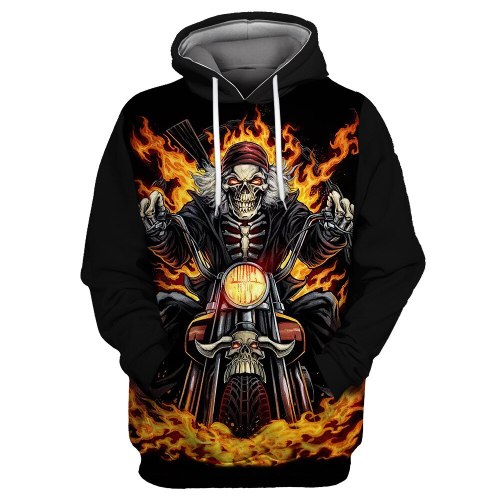 Black Sky Flame Motorcycle Skull Print Casual Men's Sportswears