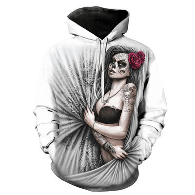 New 3D Skull Pattern Men's Hoodies Horror Theme Dark Rose Girl Print Sweatshirt Hoodie