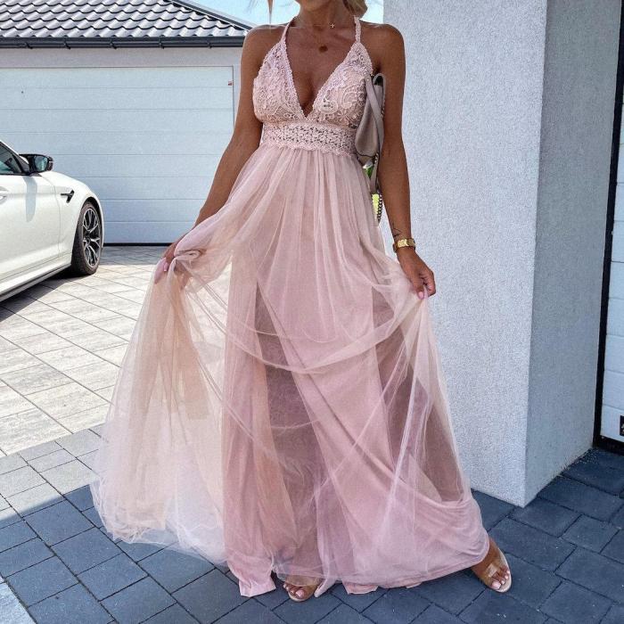 V-neck Hook Flower Hollow Holiday Mesh Summer Dress for Women 2021 Backless Night Party Camisole Maxi Dresses Big Swing Vestidos