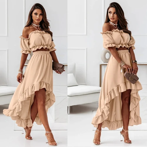 Elegant Ruffled Summer Dress Sets Women Clothing Two Pieces Maxi Boho Beach Dress Lady Long Vestido Feminino