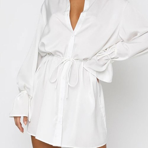 Women Solid Lace Up Office Shirt Dress Autumn Casual Single Breasted White Dress Turndown Collar Button 2021 Fashion Vestidos