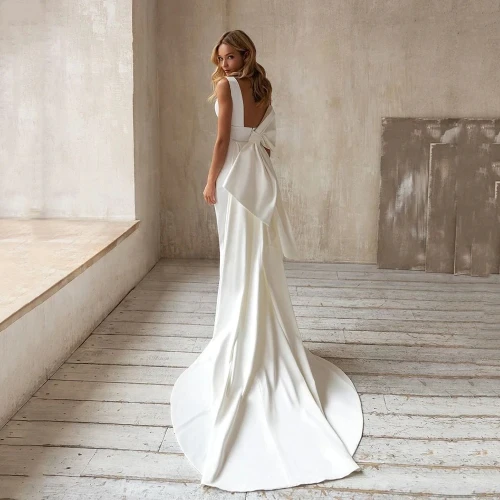 Simple V Neck Satin Mermaid Wedding Gowns White Boho Bridal Dresses With Bow Custom Made Backless Robe De Marriage