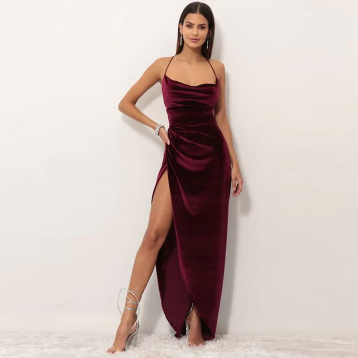 2021 Women Vintage Burgundy Solid Sexy Backless Spaghetti Strap Dress Hem Slim Waist Slit Irregular Long Dresses Sling Vestido