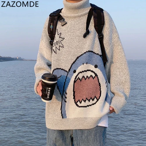 Men Turtlenecks Shark Sweater Men 2020 Winter Patchwor Harajuku Korean Style High Neck Oversized Grey Turtleneck For Men