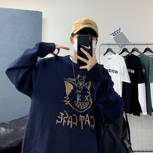 New Sweaters Casual Oversize Men's Pullovers Korean Cat Streetwear Graphic Printed Male Sweater