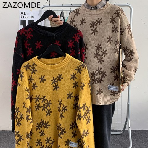Snowflake Men Round-collar Knitted Sweaters Retro Knit Japanese Men Clothing Vintage Sweater Patch Pullover Men Sweater