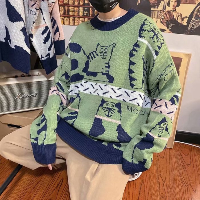 Cartoons Cat Embroidery Knitted Jumper Sweaters Retro Hip Hop Streetwear Harajuku Loose Casual Pullover Fashion Mens Top